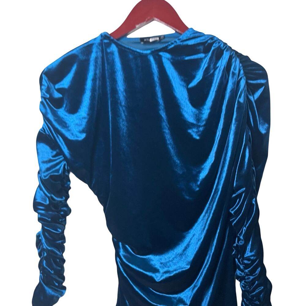 Atlein Blue Velvet Ruched Long Sleeve Mini Dress sz 42 XL - Picture 7 of 9
